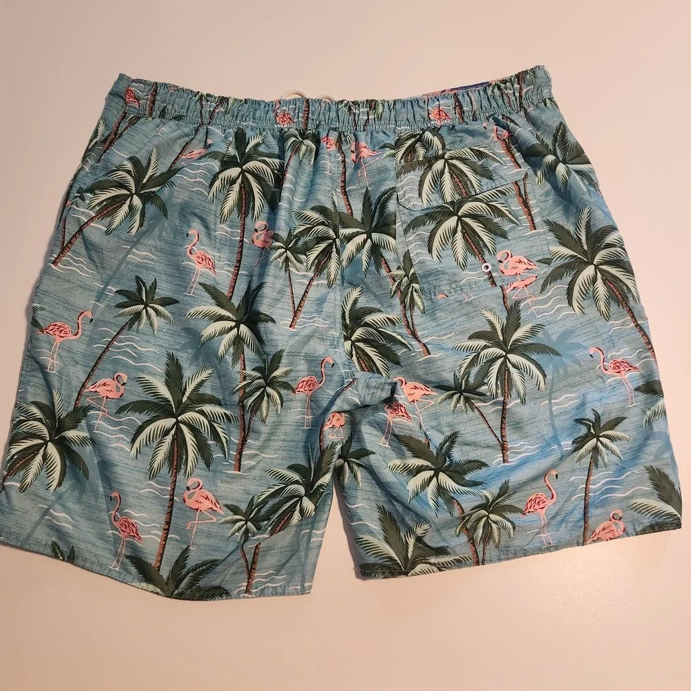 St‎ Johns Bay Swim Trunks Blue Hawaiian Flamingos Drawstring Mesh Lined 3XLT